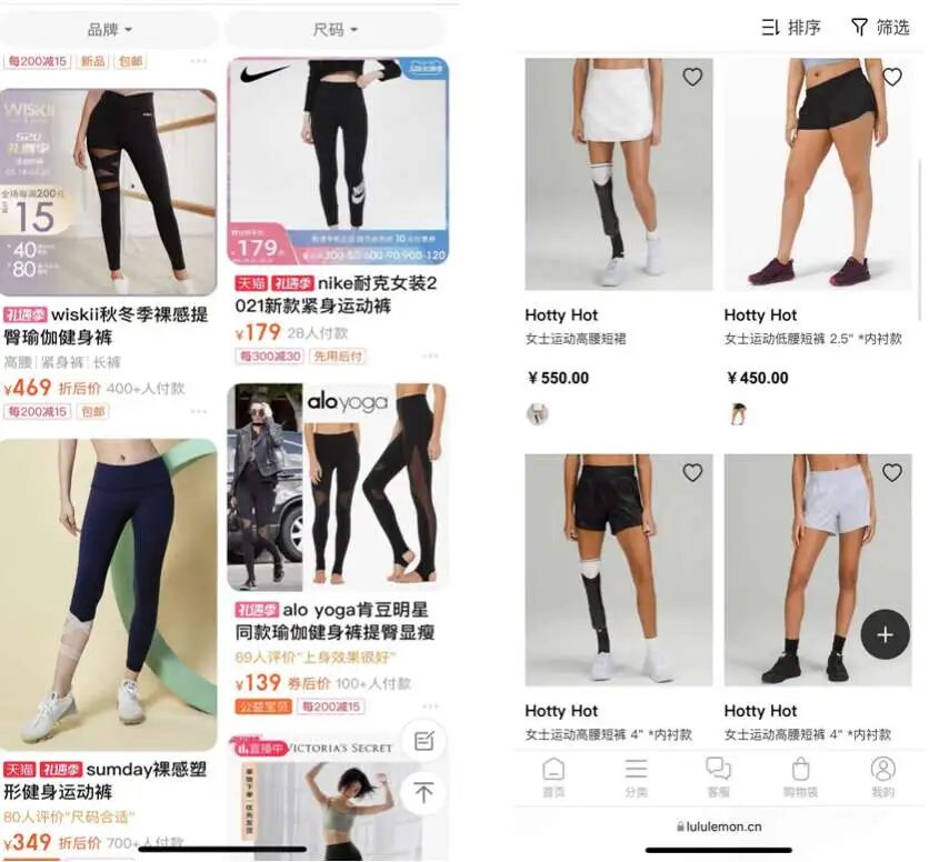 图2 淘宝高销瑜伽品牌与Lululemon所选用的模特对比图